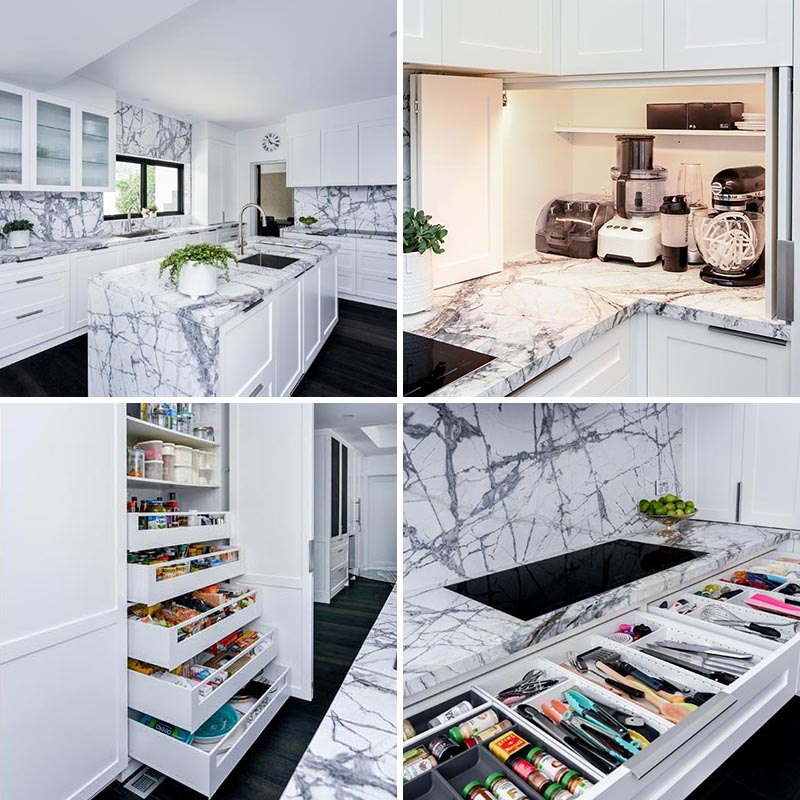 Renovation broker Blakes of Sydney, has shared a modern white and grey kitchen design with us, that showcases a variety of storage and organization ideas. #KitchenDesign #KitchenIdeas #KitchenStorage #KitchenOrganization