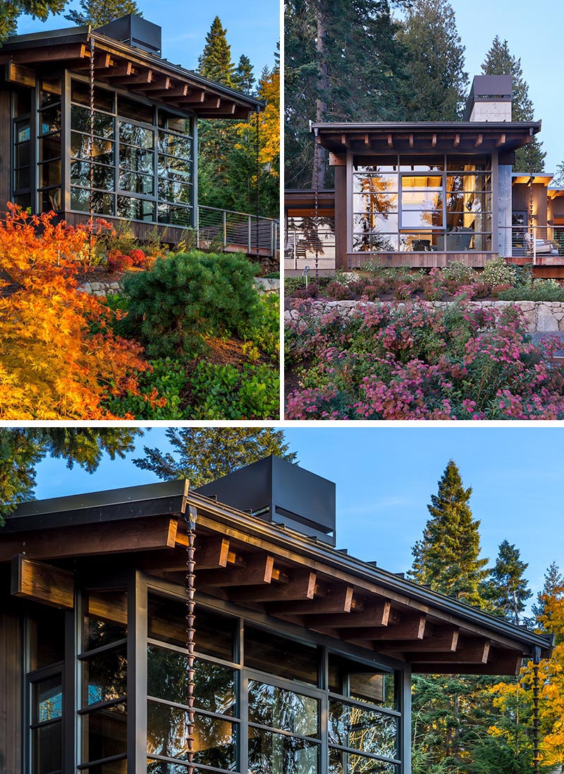 This modern house has deep overhanging eaves with exposed cedar rafters, offering protection from the weather and connecting to rain chains, aiding with the flow of rainwater into the garden. #OverhangingEaves #DeepEaves #ModernArchitecture #ExposedRafters#CedarRafters #HouseDesign #PacificNorthwest
