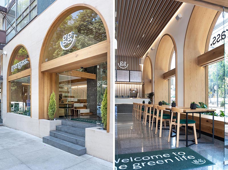 Taller David Dana Arquitectura (TDDA) has remodeled a two level restaurant in Mexico City, that showcases an updated facade with wood-lined arches. #WoodLinedArches #WoodArches #ArchedWindows #RestaurantFacade