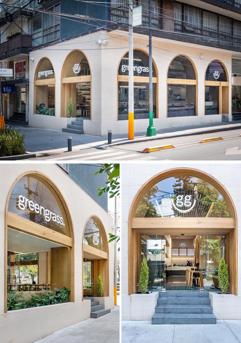 Taller David Dana Arquitectura (TDDA) has remodeled a two level restaurant in Mexico City, that showcases an updated facade with wood-lined arches. #WoodLinedArches #WoodArches #ArchedWindows #RestaurantFacade