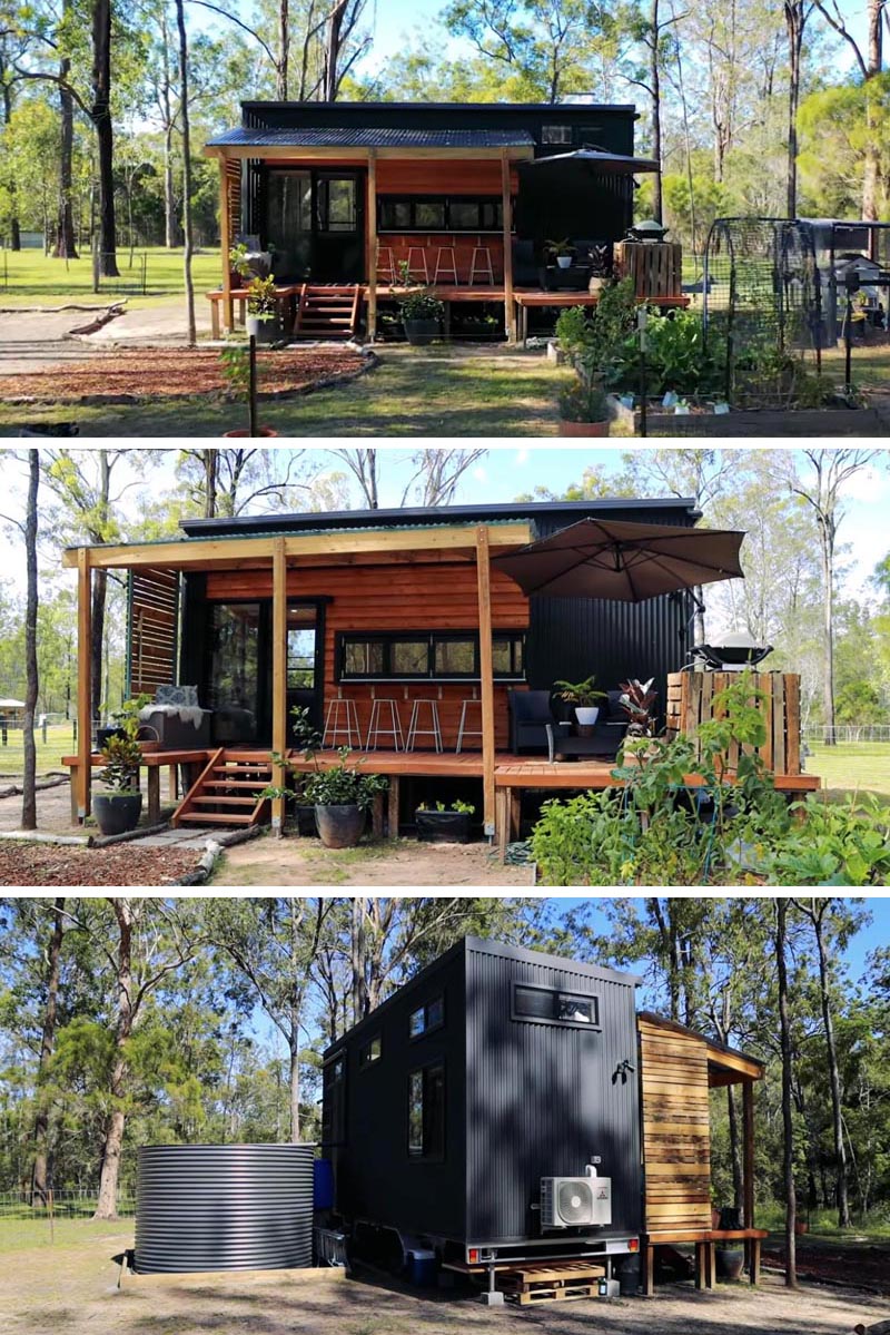 This modern tiny house black corrugated metal siding, wood accents, and two loft bedrooms. #TinyHouse #2BedroomTinyHouse #ModernTinyHouse #Architecture