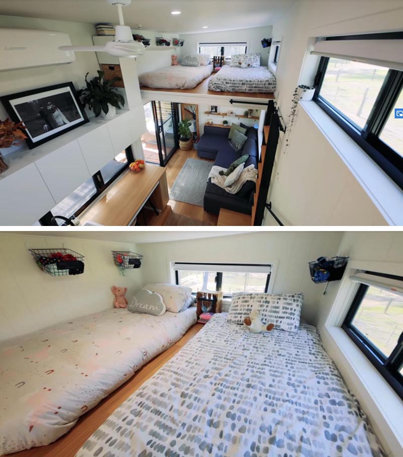 This modern tiny house, has a lofted bedroom for kids, which is furnished with two mattresses, and is accessed via ladder. #TinyHouseBedroom #LoftedBedroom #TInyHouseDesign #TinyHouse