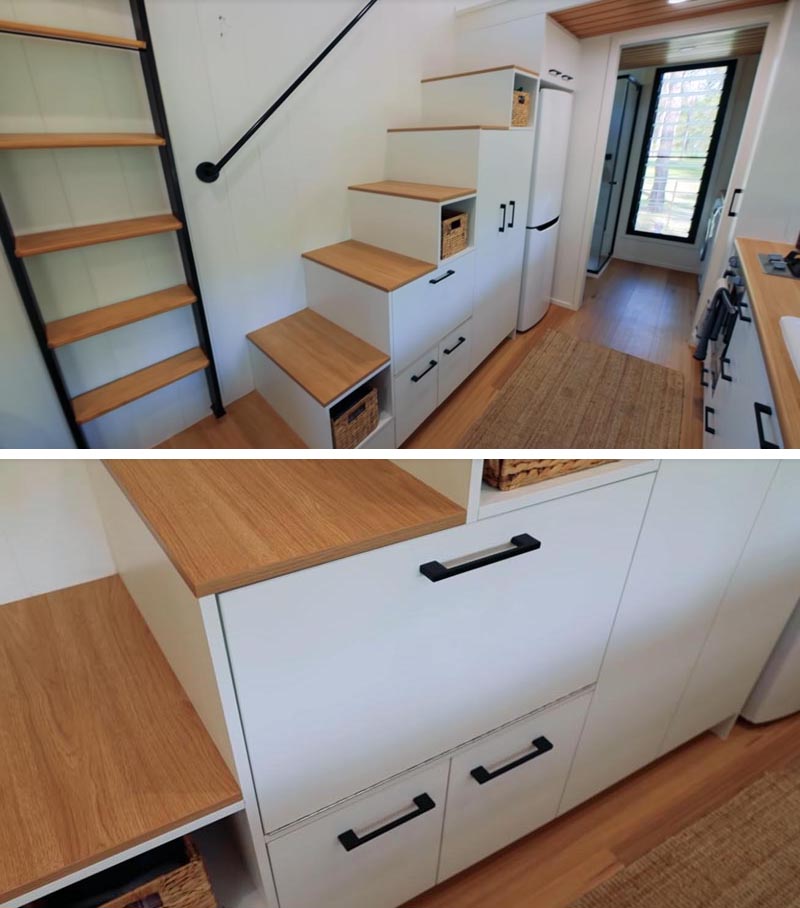 This modern tiny house has a set of stairs with storage that lead up to the lofted bedroom above the bathroom. #TinyHouse #TinyHouseStairs #StairsWithStorage