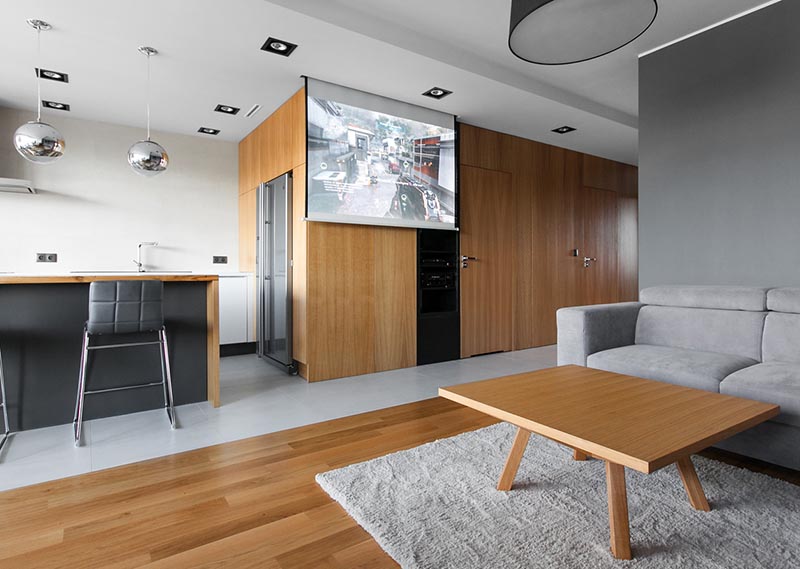 Architecture and interior design firm mode:lina has completed an apartment in Poznan, Poland, and instead of mounting a television in the living room, they included a drop-down projector screen. #DropDownProjectorScreen #ProjectorScreen #InteriorDesign #LivingRoom