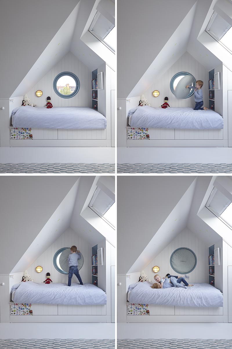 An interesting design detail in this kids bedroom is the use of a round window. Instead of trying to find a curtain or blind to cover the window, the designers created an upholstered circular cushion with a handle that can easily fit into the window frame, blocking out the light. #RoundWindow #CircularWindow #RoundWindowCovering #InteriorDesign #Interiors #KidsBedroom