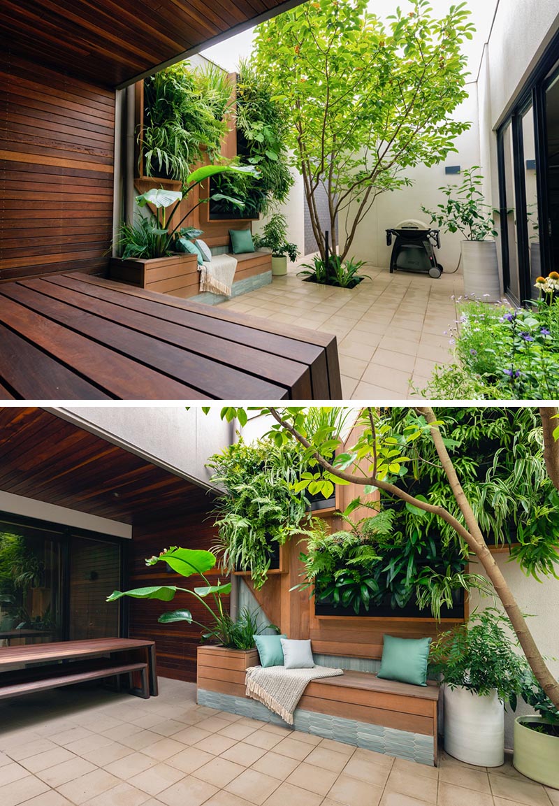 The main feature of the small courtyard is a custom-designed plant wall with a built-in bench. The vertical plant wall has framed greenery, while beside the bench is a planter that also acts as a small backrest when paired with cushions. #SmallCourtyard #SmallOutdoorSpace #PlantWall #VerticaPlantWall #GreenWall #BuiltInBench #Landscaping #LandscapeDesign