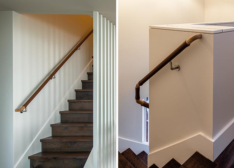 These stairs feature a leather-wrapped handrail that provides added grip and a contrast to the light wood. #HandrailIdeas #LeatherHandrail #StairIdeas