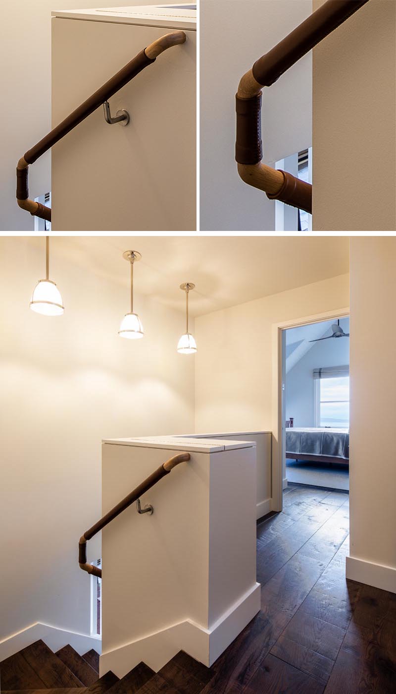 These stairs feature a leather-wrapped handrail that provides added grip and a contrast to the light wood. #HandrailIdeas #LeatherHandrail #StairIdeas