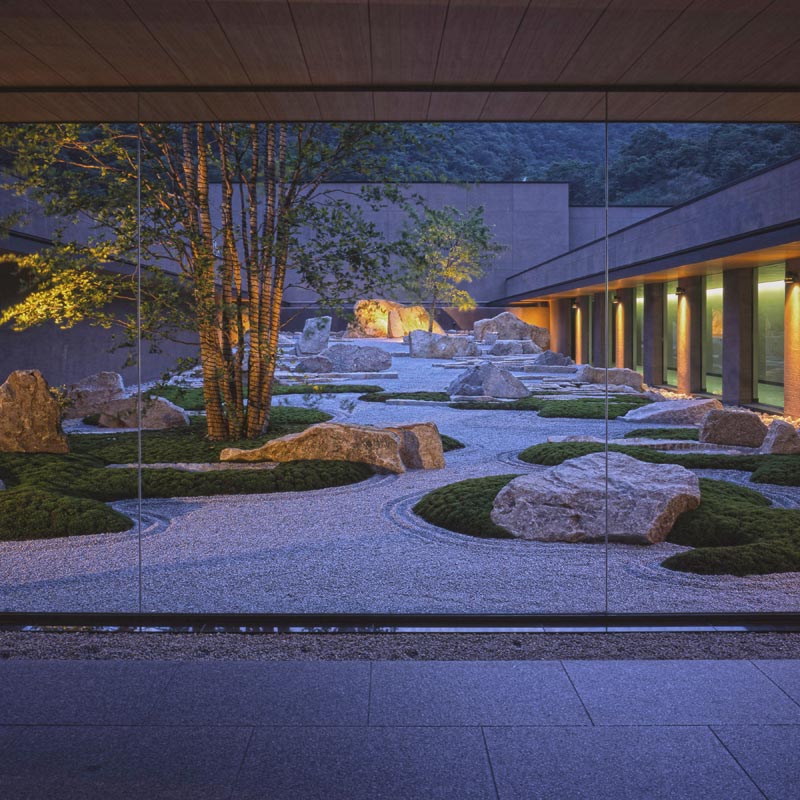 A landscaped garden with wandering paths.