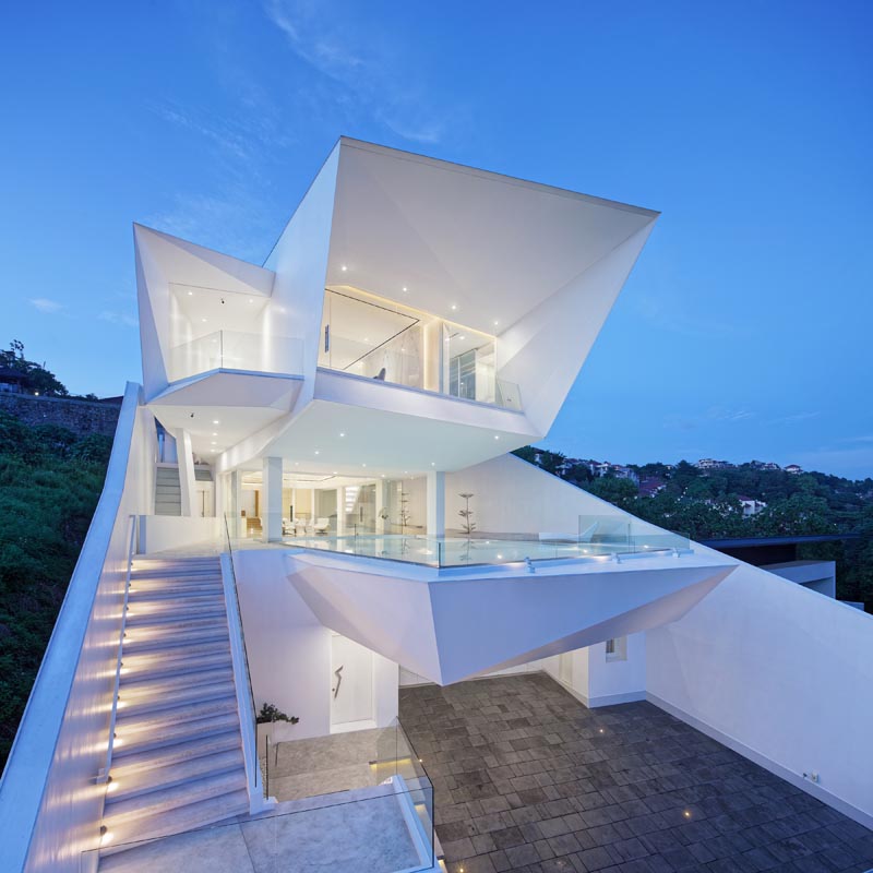 A modern house with sharp angles.