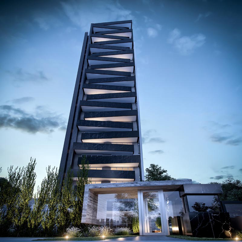 A modern apartment building with offset balconies.