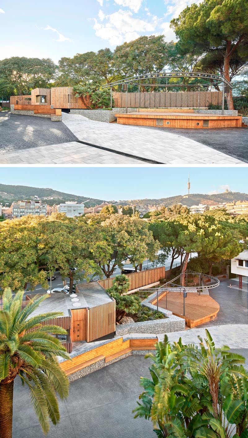 COMA Arquitectura has designed the entrance to a school in Barcelona, that features gabions in the form of benches and retaining walls. #Gabions #GabionBench #GabionRetainingWall #LandscapingIdeas #LandscapeDesign