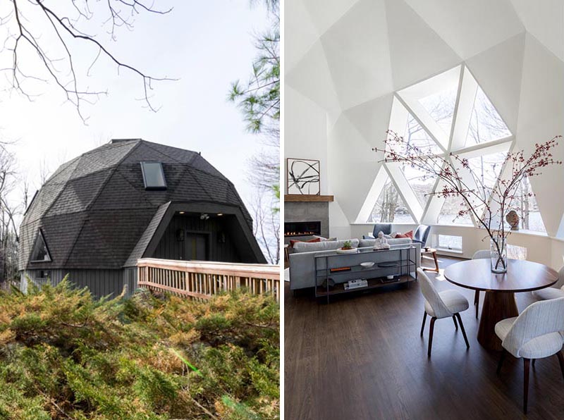 Jess Cooney Interiors have given a 1980's original Buckminster Fuller geodesic dome on the shores of Lake Seneca in Becket, Massachusetts, a modern interior renovation. #GeodesicDome #ModernInterior #InteriorDesign