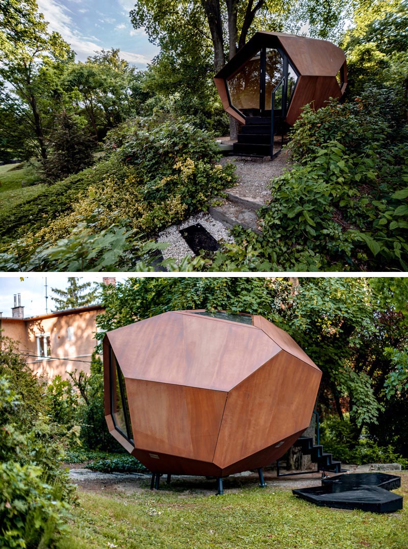 Hello Wood has designed and built a geometric wood cabin that makes it easy to have a backyard home office. #BackyardHomeOffice #HomeOfficeIdeas #BackyardOffice #Architecture