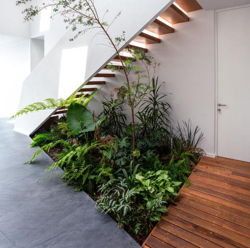 Jaime Juarez Arquitecto has designed a house in Morelia city, Mexico, that features a small indoor garden underneath the stairs. #IndoorGarden #StairDesign #Plants #InteriorDesign