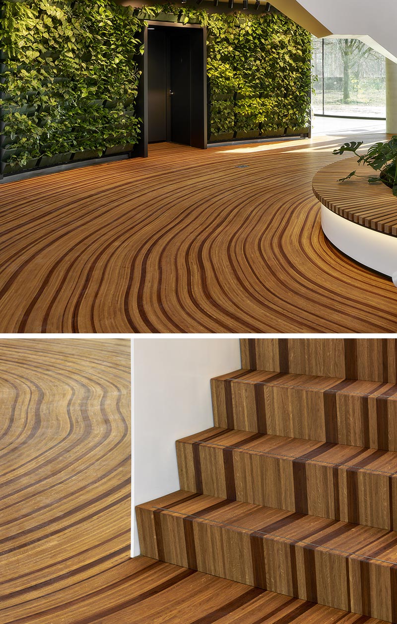The wood floor of this office atrium has been designed to represent the growth-rings of a tree. #WoodFloor #FlooringIdeas #ArtisticFlooring #SculpturalFlooring