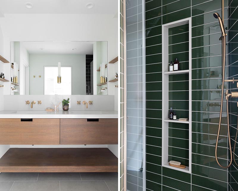 This modern master bathroom has a custom-designed double vanity with a concrete-like quartz countertop and backsplash. Color was added in the shower with the use of green subway tile and brass fixtures. #MasterBathroom #BrassFixtures #GreenSubwayTiles #DoubleVanity #ModernBathroom