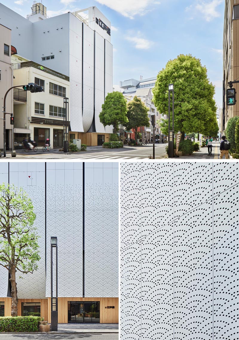 Kubo Tsushima Architects has designed Ryogoku Yuya Edoyu, a spa facility in Tokyo, Japan, that showcases an artistic facade of perforated aluminum in a traditional Japanese pattern. #ArtisticFacade #BuildingFacade #PerforatedAluminum #Architecture