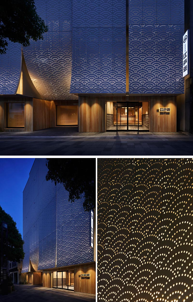 Kubo Tsushima Architects has designed Ryogoku Yuya Edoyu, a spa facility in Tokyo, Japan, that showcases an artistic facade of perforated aluminum in a traditional Japanese pattern. #ArtisticFacade #BuildingFacade #PerforatedAluminum #Architecture