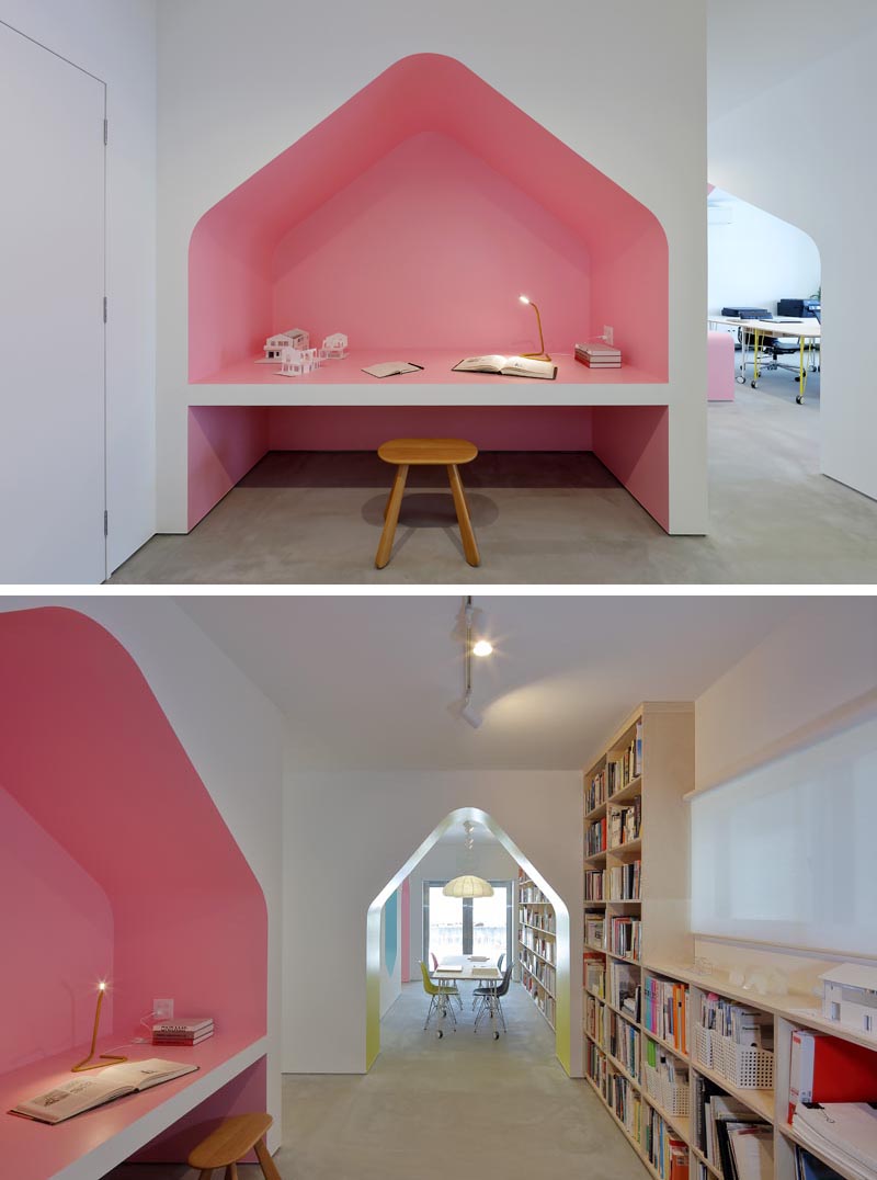 This modern design studio has a desk built into a alcove that's been painted pink. #Desk #BuiltInDesk #DeskIdeas #HomeOffice #Pink