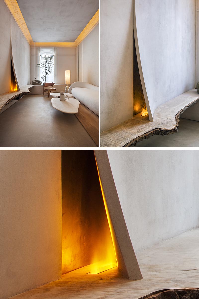 Architecture and interior design studio Lorna de Santos, has recently completed a room that features a small fireplace hidden behind a split in the wall. #SmallFireplace #InteriorDesign