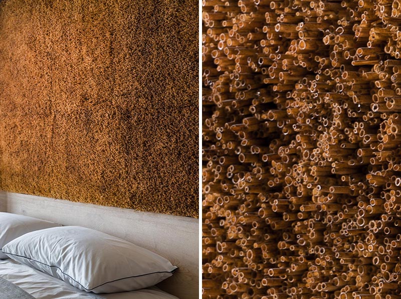 This modern bedroom accent wall adds a textural element and is made from hundreds of bulrush reed stems that were collected and assembled by hand. #AccentPanel #AccentWall #BulrushStems #TexturedPanel #InteriorDesign #BedroomDesign