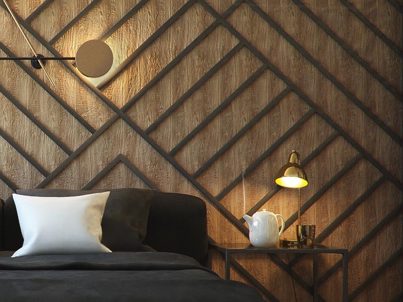 The warm wood accent wall in this modern has been adorned with black stripes, arranged to create a geometric pattern, and complement the square bedside tables and the furnishing choices. #BedroomAccentWall #AccentWall #FeatureWall #BedroomDesign #BlackDecor