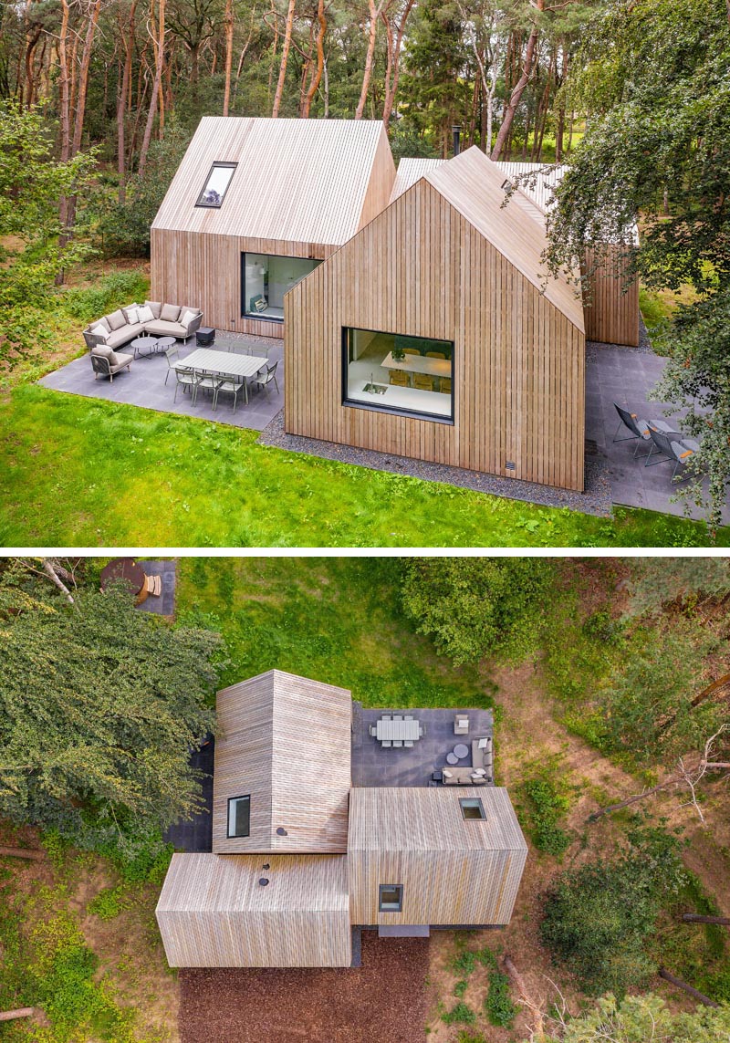 Surrounded by pine trees, the wood clad house named 'Villa Tonden', is composed of three archetypical house shaped volumes. #ModernArchitecture #HouseDesign #VillaDesign #WoodSiding