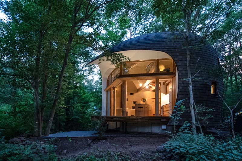 Tono Mirai Architects has designed a small house in the forest of Nagano Prefecture in Japan, that has a shell-like appearance. #SmallHouse #ModernArchitecture #HouseDesign