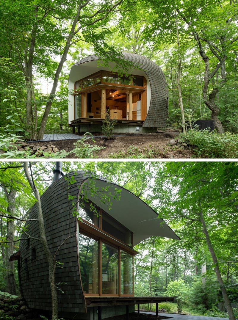 Tono Mirai Architects has designed a small house in the forest of Nagano Prefecture in Japan, that has a shell-like appearance. #SmallHouse #ModernArchitecture #HouseDesign #Shingles