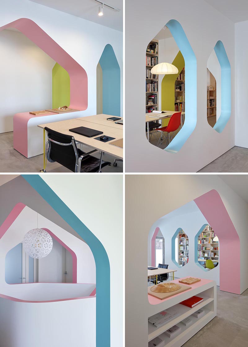 This modern home / design studio features bright white walls with arches that have accentuated with soft blues, yellows, and pinks. #InteriorDesign #Arches #InteriorArches #WhiteWalls