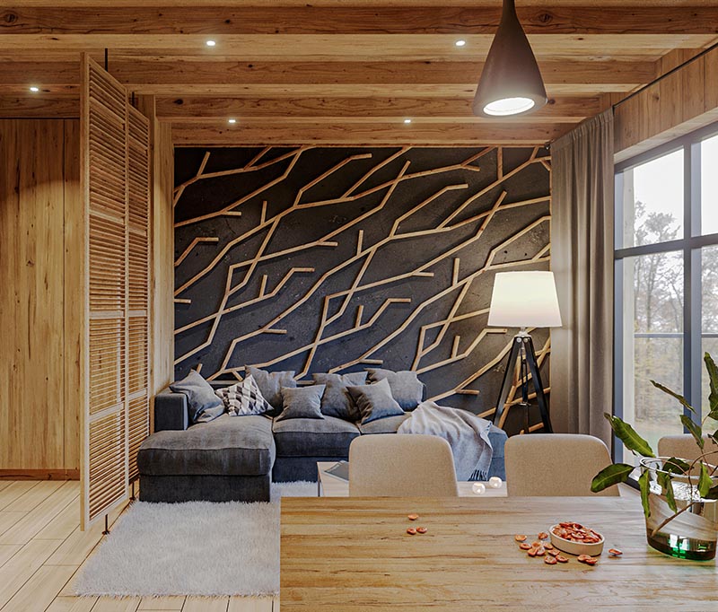 Made from individual pieces of wood, this modern branch-like wood accent wall creates a focal point in the room and complements the other wood details. #WoodAccentWall #BlackWall #BranchArt #AccentWallIdeas