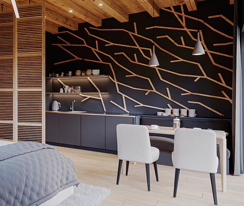 Made from individual pieces of wood, this modern branch-like wood accent wall creates a focal point in the room and complements the other wood details. #WoodAccentWall #BlackWall #BranchArt #AccentWallIdeas #HotelDesign