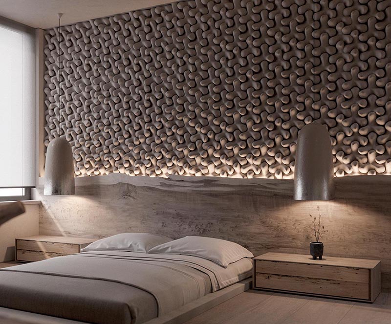Tetrapod tiles were used to create a 3-dimensional accent wall in this modern bedroom.