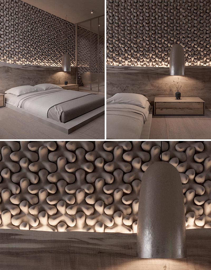 A unique bedroom accent wall made from 3-dimensional tiles.