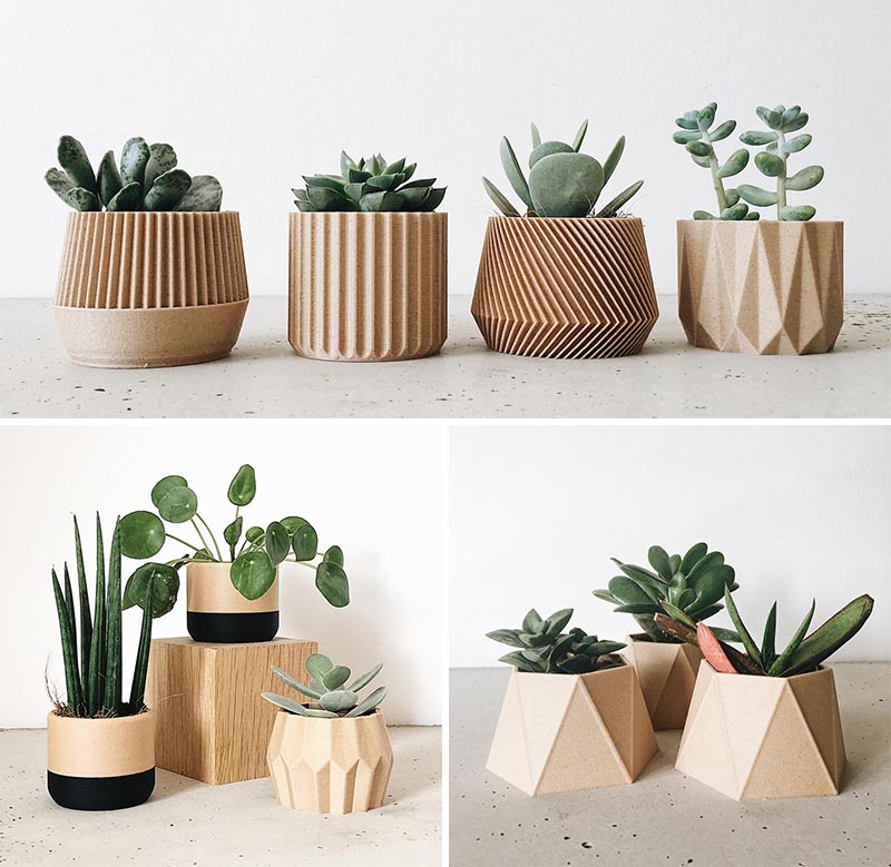 Modern succulent pots created using 3d printed recycled wood and bioplastic made from corn.