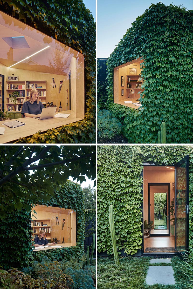 A small backyard office for a writer is covered in Boston ivy and has a large picture window.