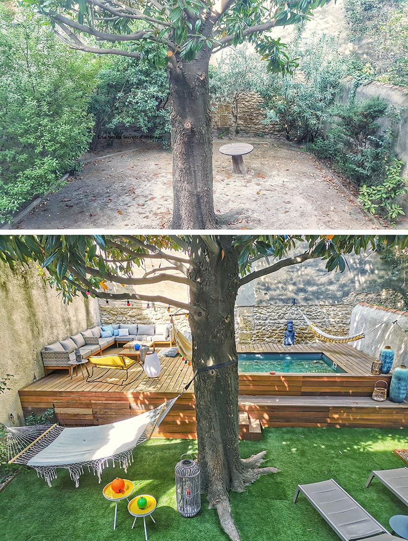 A backyard landscape renovation that includes a raised deck with a small swimming pool.