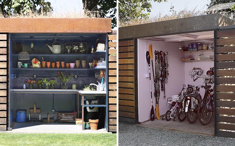 A modern backyard shed with a potting room and bike storage.