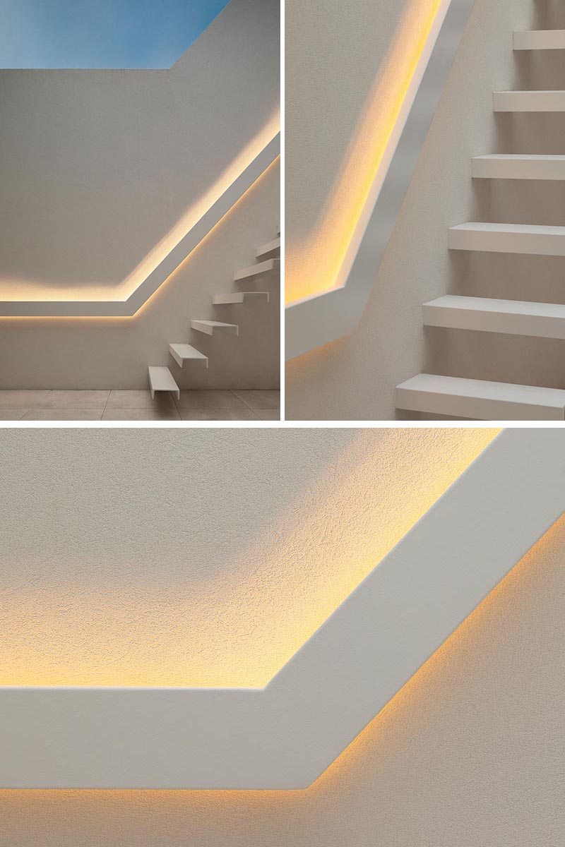 These cantilevered stairs have a matching handrail with hidden lighting.