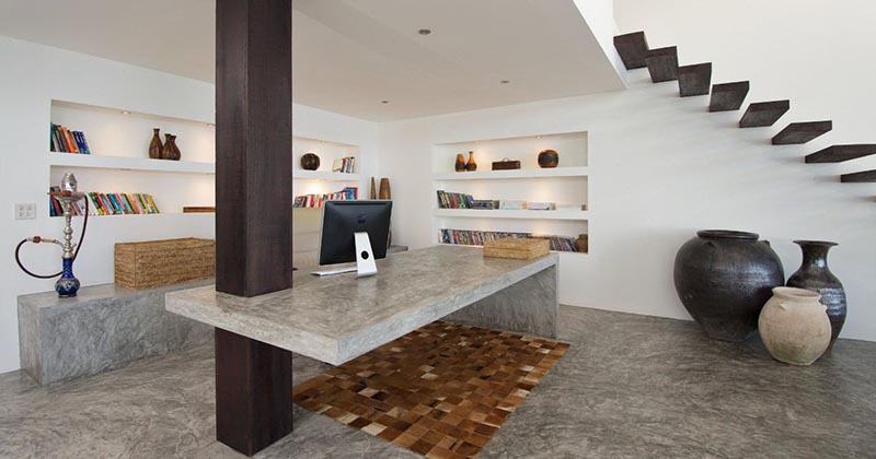This Home Office With A Concrete Desk Integrated A Column Into Its Design