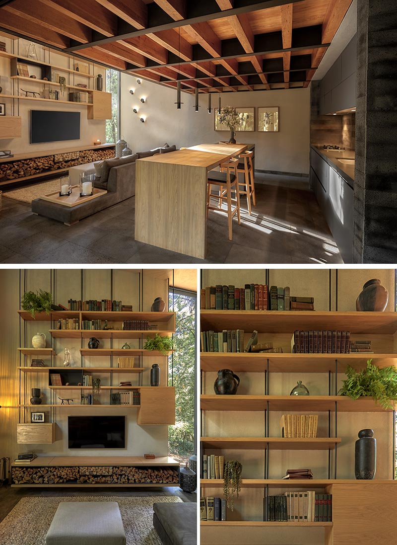 Open wood shelving supported by metal rods lines the wall in a modern living room.