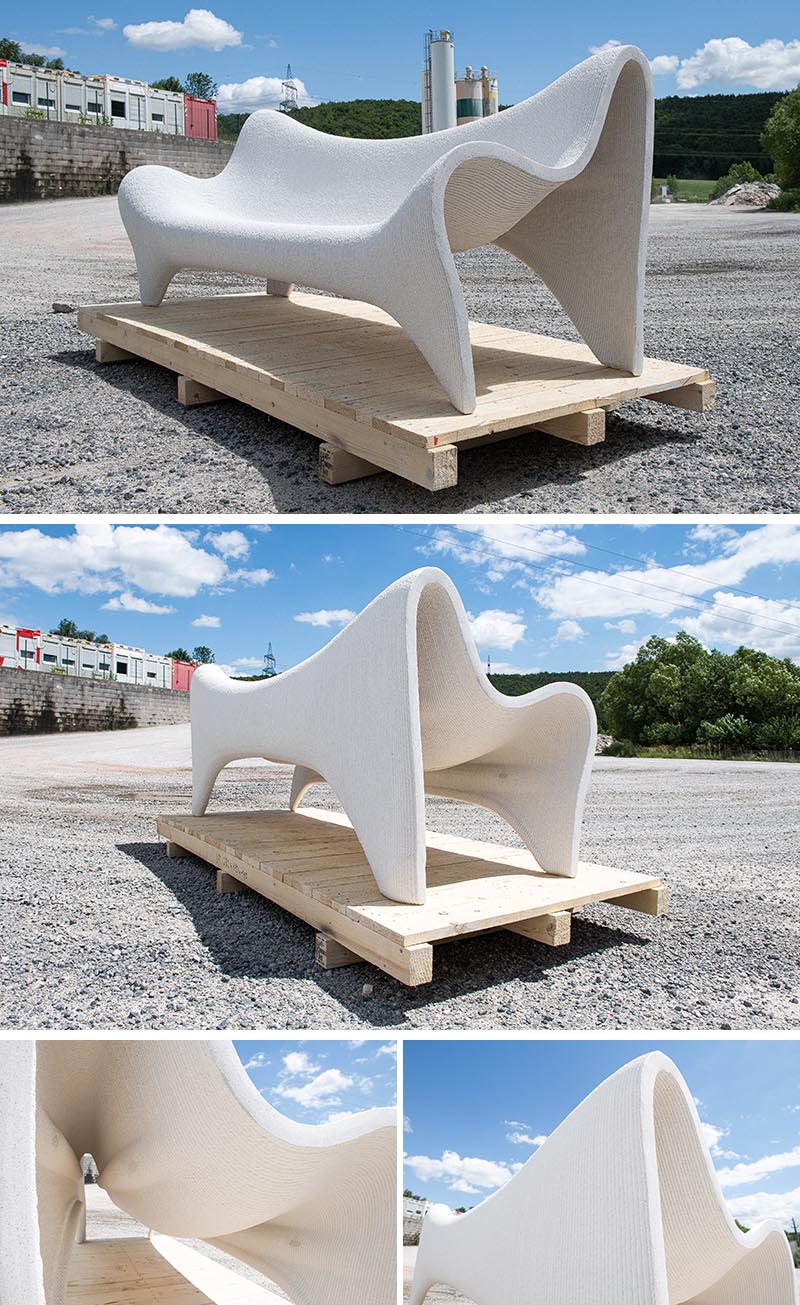 A 3D printed outdoor sofa that's made fro white concrete.
