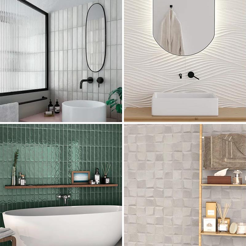 Modern bathroom wall tile ideas ranging from rectangles, to wavy textures, and 3-dimensional shapes.