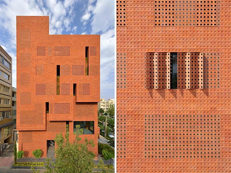 A modern brick building with a patterned facade.