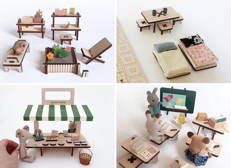 Modern wood dollhouse furniture that includes planters, tables, beds, a market stall, and school.
