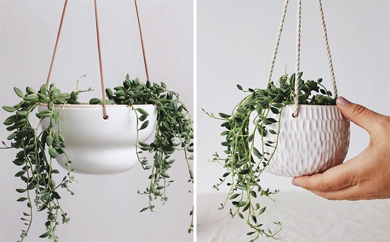 Hanging succulent pots made from ceramic with a smooth or textured finish.