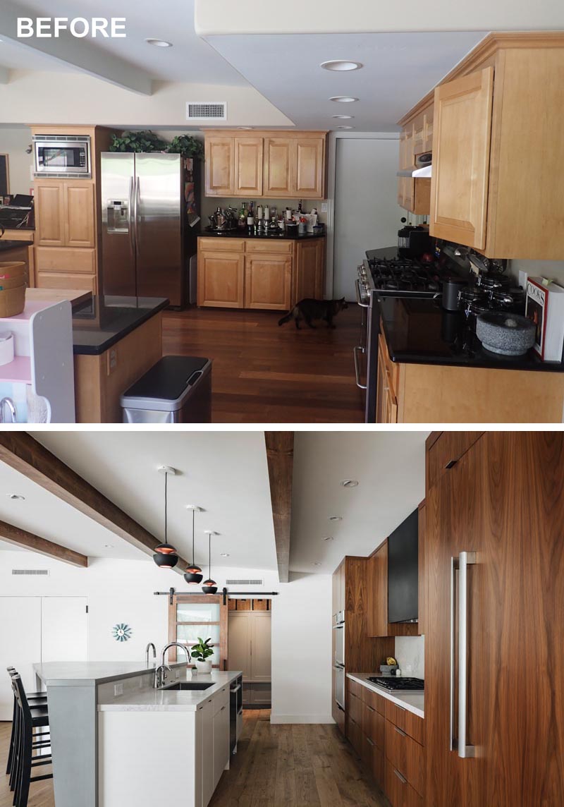 An old kitchen was renovated with new dark wood cabinets, and a sliding door to the pantry and laundry room.