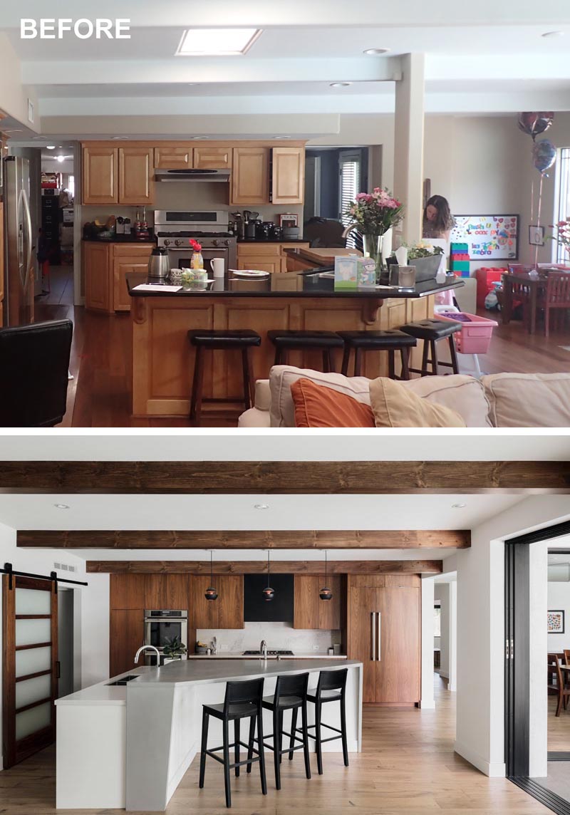 A renovated kitchen now has a larger kitchen island with seating.