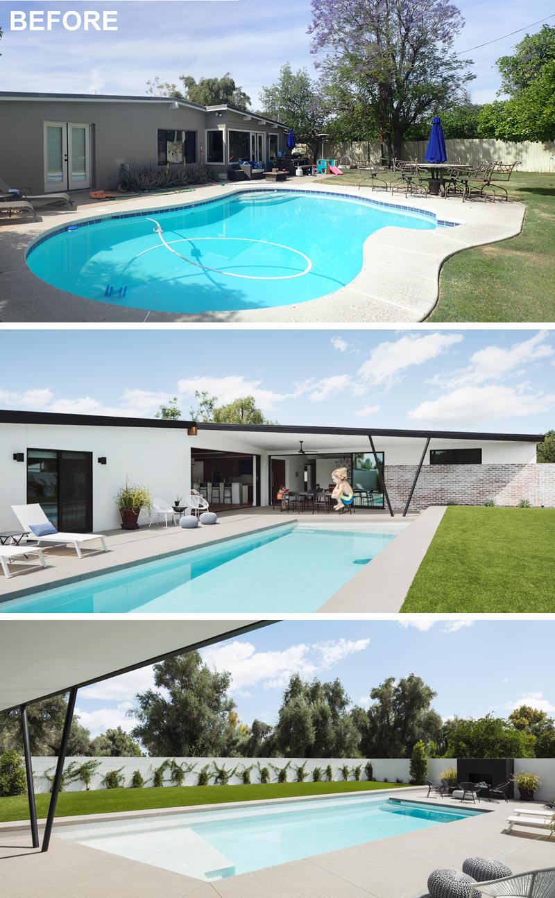 A renovated yard includes a new rectangular swimming pool and covered patio.